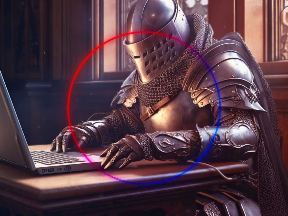 a knight typing on a computer